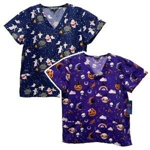 Lot of 2 Halloween Scrub Pumpking Ghost Moon Medic Dentist Nurse Tops Size Large